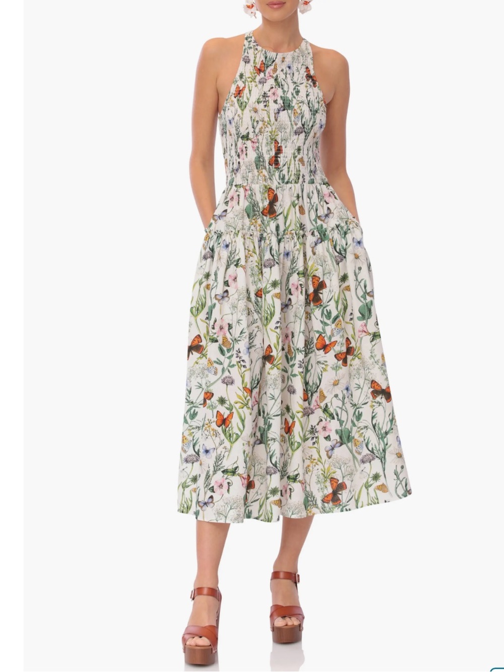 Avec les filles $169 Floral Smocked Bodice Linen Blend Midi Dress
